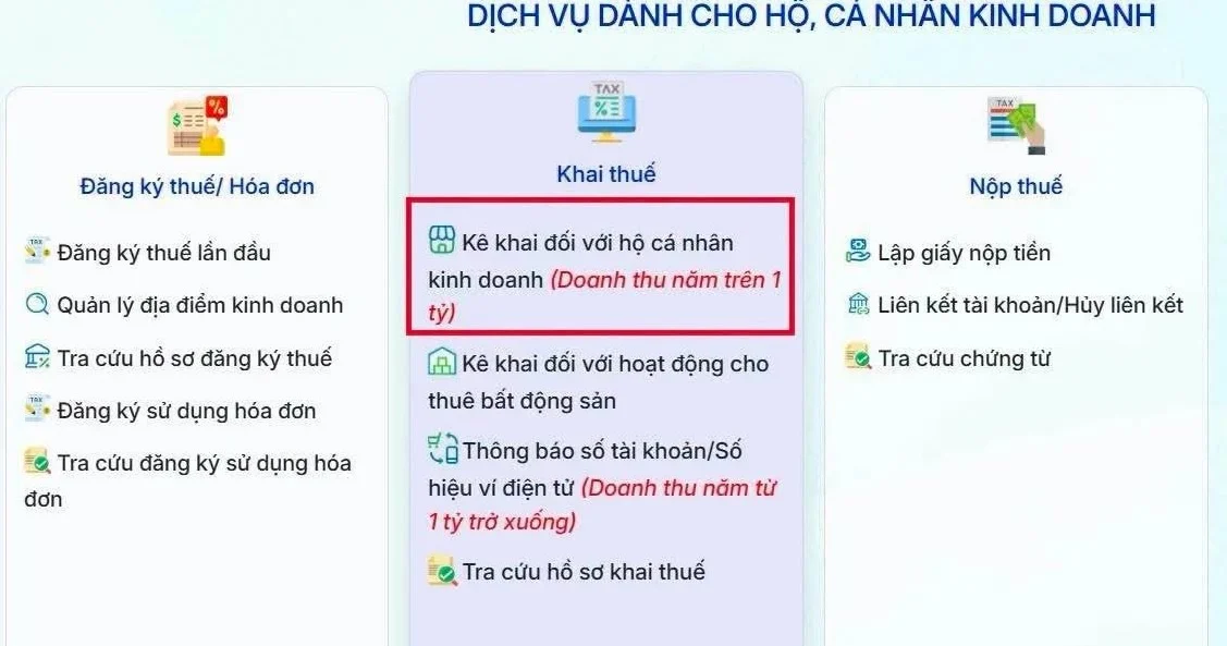 Bước 2.1 kê khai đối với hộ cá nhân kinh doanh doanh thu trên 1 tỷ - chọn mục khai thuế trên dichvucong.gdt.gov.vn