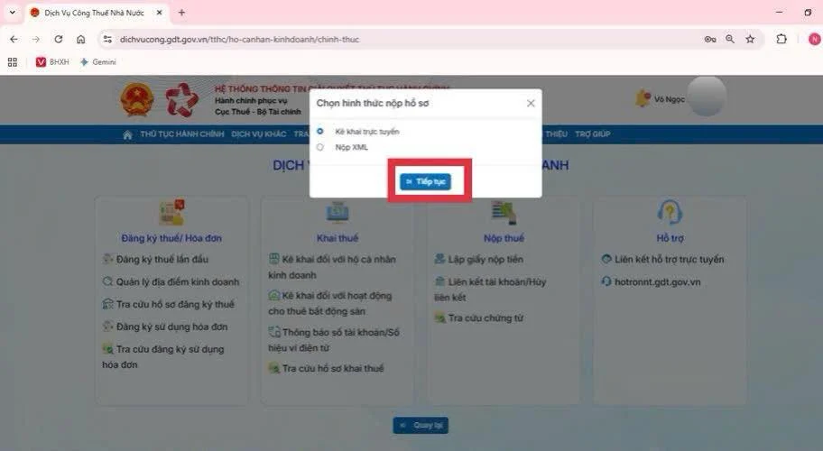 Bước 2.2 chọn kê khai trực tuyến trên cổng dịch vụ công thuế dichvucong.gdt.gov.vn