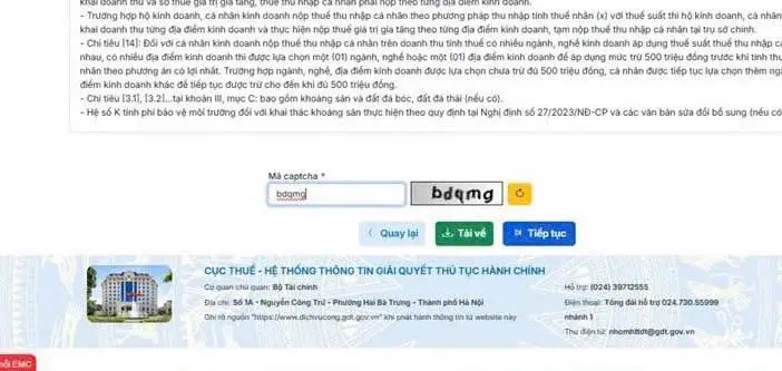 Bước 7.1 hộ kinh doanh kiểm tra thông tin nhập mã captcha trước khi nộp tờ khai thuế quý 2 2026 trên dichvucong.gdt.gov.vn