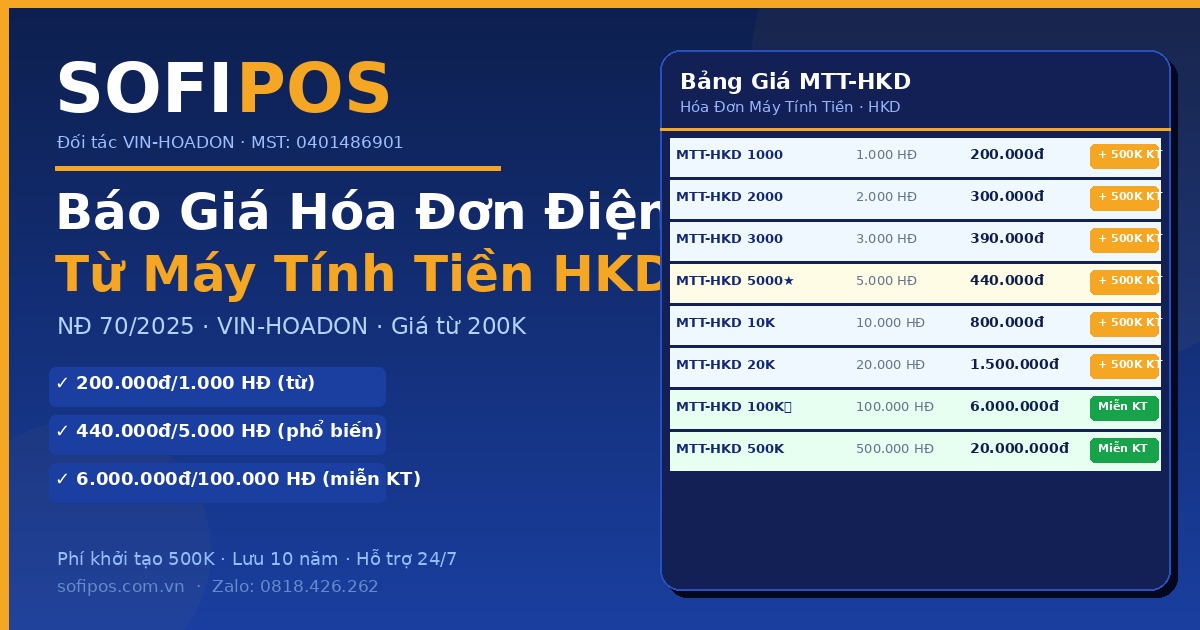 Báo giá hóa đơn điện tử MTT-HKD từ máy tính tiền hộ kinh doanh SofiPOS VIN-HOADON