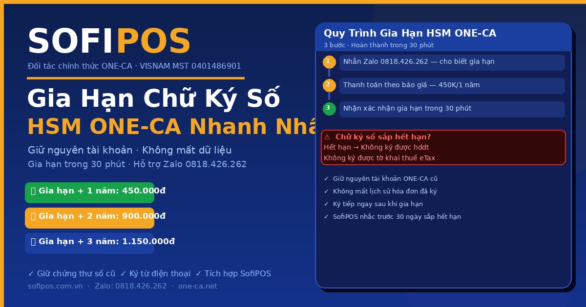 Gia hạn chữ ký số HSM ONE-CA hộ kinh doanh 3 bước 30 phút SofiPOS
