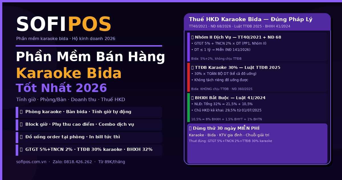 Phần mềm bán hàng karaoke bida SofiPOS tính giờ thuế HKD 2026