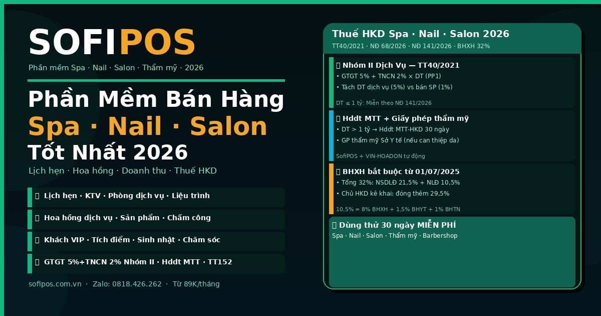 Phần mềm bán hàng spa nail salon SofiPOS thuế HKD TT152 2026