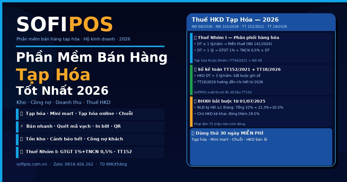 Phần mềm bán hàng tạp hóa SofiPOS thuế HKD sổ kế toán TT152 2026